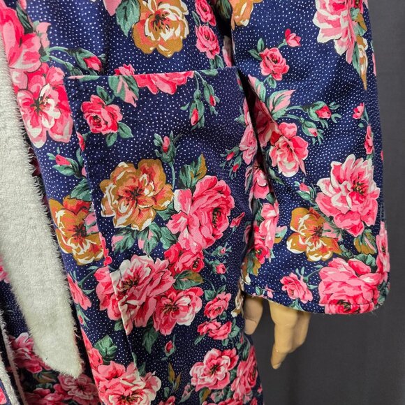 Vintage Diamond Tea Floral Cotton Robe Size L Terry Lined Navy Blue Pink - Picture 4 of 11